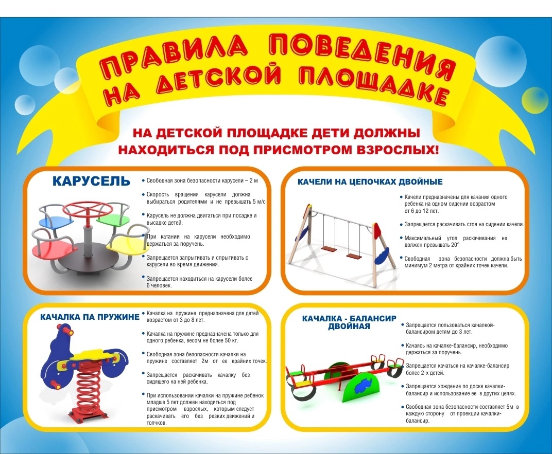 Правила безопасного поведения на детских и спортивных площадках, а также о недопустимости порчи инвентаря и оборудования.